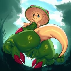 2025 ai_generated anthro anus ass big_butt blush bodily_fluids breloom claws clothing cloud detailed_background digital_media_(artwork) eyelashes female feral fungi_fauna fungus generation_3_pokemon genital_fluids genitals grass hellsonger hi_res looking_at_viewer looking_back nintendo outside plant pokemon pokemon_(species) presenting pussy pussy_juice rear_view reptile scalie solo thick_thighs tree