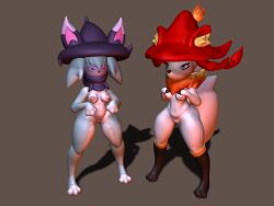 3d_(artwork) absurd_res anthro areola black_clothing black_legwear black_nose blue_body blue_eyes blue_fur breasts brown_nose clothing digital_media_(artwork) digitigrade dipstick_ears duo ear_markings eyelashes female front_view fur genitals grey_background hat headgear headwear hi_res inner_ear_fluff katress legwear multicolored_ears navel neck_tuft nipples nude orange_body orange_fur pal_(species) palworld pink_areola pink_eyes pink_nipples pocketpair purple_clothing purple_hat purple_headwear purple_scarf red_clothing red_hat red_headwear scarf simple_background small_breasts thick_thighs tuft vulva white_body white_fur wide_hips witch_hat wixen zhenash