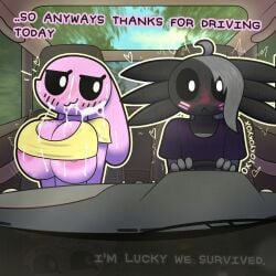 1:1 2024 after_sex ahoge amphibian anthro areola areola_slip artist_name axolotl bangs big_breasts black_body black_sclera blush bodily_fluids breasts car clothed clothing cum cum_drip day dialogue digital_drawing_(artwork) digital_media_(artwork) dripping driving duo emanata english_text eyelashes facial_markings female floppy_ears front_view genital_fluids grey_hair hair head_markings heart_symbol hi_res inside_car inside_vehicle lagomorph leporid licorice_(oxyoxyoxyox) looking_at_another lop_ears male mammal marine markings marshmallow_(oxyoxyoxyox) mole_salamander motion_lines nipple_slip nipples outside oxyoxyoxyox pink_body pink_ears plant rabbit salamander sitting sky text topwear tree under_boob vehicle white_eyes yellow_clothing