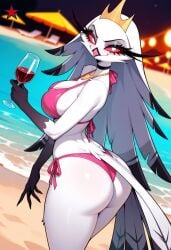 1girls 2025 5_fingers ai_generated anthro ass ass avian beach beak big_ass big_breasts big_butt bikini bird breast choker claws curvaceous curvy curvy_body curvy_female curvy_figure demon eyelashes female female_focus female_only finger_claws glistening_body glistening_feathers helluva_boss long_hair looking_at_viewer looking_back looking_back_at_viewer makerdeviant milf necklace night outside peafowl peafowl_demon pink_bikini pink_sclera sea seaside side-tie_bikini side_boob smile solo stella_(helluva_boss) swimsuit tail_feathers thick_thighs tiara vivienne_medrano watermark white_body white_eyes white_feathers white_hair wide_hipped_anthro wide_hipped_female wide_hips wine wine_glass