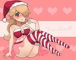 1girls ass blonde_hair blue_eyes blush breasts christmas christmas_outfit cleavage clothing female female_only full_body hat heart lipstick long_hair looking_at_viewer mario_(series) nintendo princess_rosalina revealing_clothes rosellia00 santa_hat see-through_clothing simple_background sitting smile solo sparkle thighhighs thighs