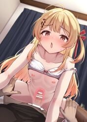 1boy ahoge bar_censor black_thighhighs blonde_hair blush bow bow_bra bow_panties bra bra_lift breasts censored collarbone commentary_request cowgirl_position cowgirl_position curtains deep_penetration female hair_ornament highres hololive indoors large_variant_set long_hair musical_note musical_note_hair_ornament navel nipples non_non_moral one_side_up open_mouth otonose_kanade panties panties_around_one_leg penis pov pov_crotch pussy red_eyes sex small_breasts straddling straight textless_version thigh_strap thighhighs underwear uterus vaginal_penetration variant_set virtual_youtuber white_bra white_panties x-ray