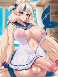 1futa ai_assisted ai_generated altra_x balls blonde_hair blue_eyes blunt_bangs blush breasts cat_ears covered_nipples cum fish_tail futanari hand_to_own_mouth heart huge_breasts huge_cock indie_virtual_youtuber intersex large_balls large_breasts leaking_cum long_hair navel nipples penis precum puffy_nipples sameko_saba solo standing testicles virtual_youtuber vtuber