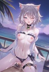 1boy absurdres alternate_costume animal_ear_fluff animal_ear_piercing animal_ears bar_censor bikini bikini_bottom_only bikini_top_lift black_bikini black_choker blue_eyes blush bow breasts cat_ears cat_girl cat_tail cc_lin censored chinese_commentary choker cipher_(honkai:_star_rail) clothes_lift collarbone commentary_request cowgirl_position cum cum_in_pussy cum_on_body cum_on_breasts cum_on_stomach cum_overflow erection evening facial female fingernails grey_hair hairbow highres honkai:_star_rail honkai_(series) jewelry long_fingernails looking_at_viewer medium_breasts medium_hair nail_polish navel necklace nipples ocean one_eye_closed open_mouth outdoors penis pov pussy sex smile stomach straddling straight swimsuit tail tail_wrap thigh_strap vaginal_penetration variant_set white_bow yellow_nails