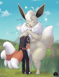 1boy 1girls 2022 2d 2d_(artwork) 2d_artwork adorable alpha_pokemon blackfox85 bottom_heavy breasts chubby chubby_female closed_eyes curvaceous curvy cute eevee english_text feet fluffy fluffy_mane fluffy_tail game_freak generation_1_pokemon giantess happy hug larger_female macro mini_giantess multiple_tails nintendo paws plump poke_balls pokemon pokemon_(species) pokemon_legends:_arceus shiny_pokemon size_difference smaller_male smile tail thicc thick_thighs voluptuous white_fur wholesome wide_hips