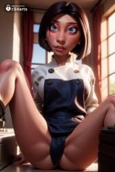 1girls ai_generated apron artist_name black_apron black_hair blue_eyes blurry blurry_background breasts brown_hair chef colette_tatou curtains day disney hi_res indoors lips looking_at_viewer makeup medium_breasts nose parted_lips pixar r34arts ratatouille short_hair sitting solo spread_legs window