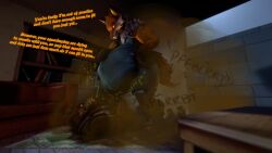 3d_(artwork) anthro canid canine canis dialogue digestion digital_media_(artwork) duo epic_games fart fart_cloud fennix_(fortnite) fortnite fox fur furniture hi_res lying male male/male mammal on_back onomatopoeia orange_body orange_fur sofa sound_effects starbucke text vore wolf