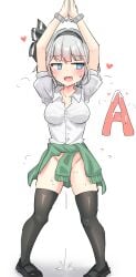 absurdres arms_up black_hairband black_shoes black_thighhighs blue_eyes breasts cardigan cardigan_around_waist clothes_around_waist commentary_request cuffs female full_body green_cardigan grey_hair hairband handcuffs heart heart-shaped_pupils highres konpaku_youmu loafers medium_breasts no_panties open_mouth pussy_juice restrained shirt shoes short_hair simple_background solo symbol-shaped_pupils thighhighs touhou white_background white_shirt youyume-kun
