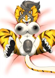 1futa 2017 anthro armpits balls bed big_balls big_breasts big_penis breasts eyewear feline flaccid foreskin futa_only futanari glasses hi_res huge_balls huge_breasts huge_cock humanoid_penis intersex mammal muscular muscular_intersex nude penis solo solo_futa stripes tiger uncut vein veiny_penis vibershot zhali