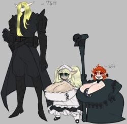 1boy 2girls armor black_sclera blonde_hair blue_eyes breasts dongwongtang elf family female gigantic_breasts half-elf maid_uniform male orange_hair original_characters pale-skinned_female pale-skinned_male pale_skin pikanu_(dongwongtang) red_eyes shortstack smiling_at_partner staff stoic tall tall_male white_skin wide_hips