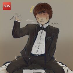 2015 accidental_erection bed belt blood blush bow_tie brown_hair cursing desperation drooling dry_humping emoji english_text erection erection_under_clothes hwang_in-ho kneeling knife looking_down moaning no_background one_hand_behind_back rubbing shaking shirt shy sitting_on_lap squid_game steamy_breath stubble submissive submissive_top suit surprised sweat
