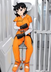 1girls ankle_cuffs black_hair bondage bound bound_ankles bound_hands bound_wrists chains female female_only femsub fully_clothed handcuffs inmate lock orange_clothing padlock plasma-dragon prison_clothes prison_uniform prisoner text_on_clothing