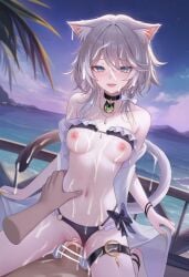 1boy absurdres alternate_costume animal_ear_fluff animal_ear_piercing animal_ears bar_censor bikini bikini_bottom_only bikini_top_lift black_bikini black_choker blue_eyes blush bow breasts cat_ears cat_girl cat_tail cc_lin censored chinese_commentary choker cipher_(honkai:_star_rail) clothes_lift collarbone commentary_request cowgirl_position cum cum_in_pussy cum_on_body cum_on_breasts cum_on_stomach cum_overflow erection evening facial female fingernails grey_hair hairbow highres honkai:_star_rail honkai_(series) jewelry long_fingernails looking_at_viewer medium_breasts medium_hair nail_polish navel necklace nipples ocean open_mouth outdoors penis pov pussy sex smile stomach straddling straight swimsuit tail thigh_strap torso_grab vaginal_penetration variant_set white_bow yellow_nails