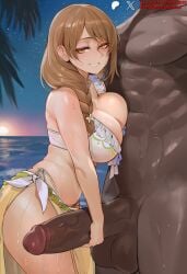 1boy abs ai_generated ass bangs bare_shoulders beach bikini blush braid breast_press breasts brown_eyes brown_hair cleavage clothed_female_nude_male clothing dark-skinned_male dark_skin duxvector erection female female fire_emblem fire_emblem_engage goldmary_(fire_emblem) goldmary_(summer)_(fire_emblem) grin hair_ornament huge_breasts huge_cock interracial jewelry large_breasts large_penis long_hair looking_at_viewer male muscle muscular muscular_male navel netorare night nipples ntr nude nude_male outdoors penis sarong sky smile solo_focus standing star_(sky) straight sweat swimsuit testicles thick_thighs thighs veins veiny_penis water wet white_bikini white_swimsuit yellow_eyes