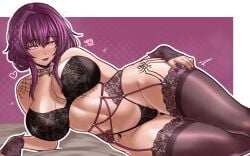 1girls 2025 bangs bed black_bra black_panties blush bra breasts cleavage eyebrows_visible_through_hair female female_focus female_only floral_print garter_belt gloves hair_between_eyes honkai:_star_rail honkai_(series) hoyoverse kafka_(honkai:_star_rail) lace lace-trimmed_bra lace-trimmed_legwear lace_bra lace_panties lace_trim large_breasts lingerie long_hair looking_at_viewer lying mashiaka mihoyo navel open_mouth panties purple_background purple_hair rose_print smile solo thighhighs thighs underwear very_high_resolution