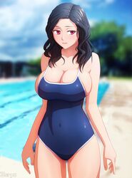 big_breasts breasts cleavage female female_only large_breasts one-piece_swimsuit red_eyes sideboob solo swimsuit zoryc