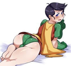 1boy androgynous ass balls balls_in_panties batman_(series) black_hair blue_eyes blush dc dc_comics dick_grayson femboy gay girly lightsource male male_only panties robin_(dc) robin_(dick_grayson) solo testicles trap yaoi