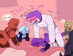 addison_(deltarune) ambiguous_gender ambiguous_penetration brothel chubby_female chubby_male cl0ckability cum deltarune digital_media_(artwork) fangs group_sex on_bed sex_worker shocked size_difference tenna_(deltarune) tongue_out watching