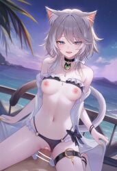 1boy absurdres alternate_costume animal_ear_fluff animal_ear_piercing animal_ears bar_censor bikini bikini_bottom_only bikini_top_lift black_bikini black_choker blue_eyes blush bow breasts cat_ears cat_girl cat_tail cc_lin censored chinese_commentary choker cipher_(honkai:_star_rail) clothes_lift collarbone commentary_request cowgirl_position erection evening female fingernails grey_hair hairbow highres honkai:_star_rail honkai_(series) jewelry long_fingernails looking_at_viewer medium_breasts medium_hair nail_polish navel necklace nipples ocean open_mouth outdoors penis pov pussy sex smile stomach straddling straight swimsuit tail thigh_strap vaginal_penetration variant_set white_bow yellow_nails