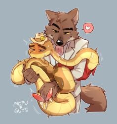 2_finger_fingering 2_penises animal_genitalia animal_penis anthro anthro_on_feral bodily_fluids brown_body brown_fur canid canine canis cloaca cloacal cloacal_fingering cloacal_penetration clothed clothing cum cum_on_own_penis cum_on_penis cum_on_self diphallia diphallism dreamworks duo erection feral fingering fingering_partner fur gay gay_male genital_fluids genitals hat headgear headwear heart_symbol hemipenes hi_res interspecies leaking leaking_cloaca leaking_cum licking licking_another licking_partner male male/male mammal mofu_guys mr._snake_(the_bad_guys) mr._wolf_(the_bad_guys) multi_genitalia multi_penis neck_lick open_mouth penetration penis reptile scalie sex simple_background smile snake suit sweat the_bad_guys tongue tongue_out wolf yaoi zoophilia