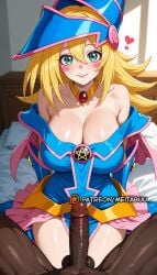1boy ai_generated bare_shoulders blonde_hair blue_dress blue_headwear blush blush_stickers breasts choker cleavage closed_mouth clothed_female_nude_male collarbone dark-skinned_male dark_magician_girl dark_skin dress duel_monster erection female green_eyes hair_between_eyes hat heart indoors interracial large_breasts large_penis long_hair looking_at_viewer meitabuu neck_ring nude off-shoulder_dress off_shoulder on_bed pelvic_curtain penis pentacle pov shonen_jump sitting smile solo_focus straight testicles uncensored veins veiny_penis very_dark_skin wizard_hat yu-gi-oh! yu-gi-oh!_duel_monsters