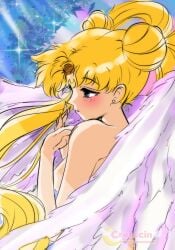 alluring angel_wings bishoujo_senshi_sailor_moon bishoujo_senshi_sailor_moon_sailor_stars blonde_hair blue_background blue_eyes blush crescent crescent_facial_mark cresscin double_bun earrings eternal_sailor_moon facial_mark female hair_bun high_res jewelry long_hair medium_breasts nude sparkle standing twintails upper_body usagi_tsukino wings