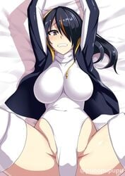 arms_above_head arms_up black_hair blush breasts brown_eyes cameltoe clothed clothing earphone emperor_penguin_(kemono_friends) female gritted_teeth kemono_friends long_hair paparins spread_legs teeth thighhighs two-tone_hair