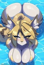 all_fours anthro ass big_ass big_breasts bikini_top blonde_hair breasts felid feline female fur green_eyes lyorenth-the-dragon mihoyo on_all_fours pulchra_fellini tail thiren yellow_fur zenless_zone_zero