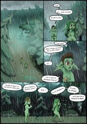 absurd_res ass breasts colored comic dialogue digital_drawing_(artwork) digital_media_(artwork) duo english_text female flaccid forest genitals glistening goblin green_body green_skin greenbuncafe hi_res humanoid male medium_breasts nipples nude penis plant pointy_ears pubes raining shaded shirt_on_head short_stack signature slurred_speech text tree vulva