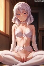 1girls ai_generated bra choker classroom_of_the_elite elbow_gloves female female female_only garter_belt garter_straps grey_hair lace-trimmed_bra lace-trimmed_garter_belt lace-trimmed_thighhighs long_hair looking_at_viewer lotus_position navel no_panties patreon purple_eyes pussy sakayanagi_arisu salupai seductive sitting small_breasts smug solo solo_female thighhighs uncensored watermark white_bra white_garter_belt white_garter_straps white_gloves white_legwear white_thighhighs youkoso_jitsuryoku_shijou_shugi_no_kyoushitsu_e