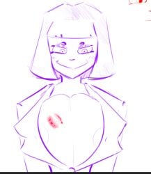 animal_humanoid anthro arachnid areola arthropod big_breasts big_nipples blood blush bodily_fluids breasts bruised button_(fastener) cleavage clothed clothing dress_shirt female hair huge_breasts humanoid inner_boob kiss_mark looking_at_viewer makeup multi_eye nipple_outline nipples oc open_clothing open_topwear original_character simple_background sketch smile smiling solo spider suit tight_clothes tight_clothing topwear waid white_background