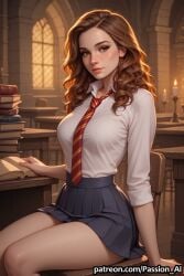 ai_generated ass breasts brown_eyes brown_hair female harry_potter hermione_granger hips looking_at_viewer medium_breasts seductive seductive_look sexy shirt sitting skirt tie