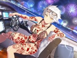 aerial_fireworks anime_girl bikini bleached blush boat breasts cleavage couch female monitor navel night ocean pillow queen_of_hearts ship