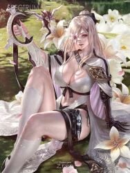 1girls abs amputee armor armored_gloves artist_name artist_signature bangs belly_button blush breasts cape drag-o drag-on_dragoon drag-on_dragoon_3 dragon drakengard drakengard_3 fit fit_female flower flower_in_eye hi_res highres huge_breasts legs light-skinned_female light_skin lips lipstick long_hair medium_breasts mikhail_(drag-on_dragoon) pond ponytail red_eyes sole_female solo_female stockings straps sword thighs water weapon white_hair yam_spectrum zero_(drag-on_dragoon) zero_(drakengard)