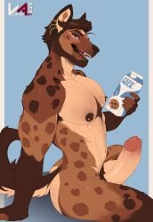 absurd_res anthro balls beard digital_drawing_(artwork) digital_media_(artwork) ear_piercing erection facial_hair flat_colors fur genitals glans hair hi_res humanoid_genitalia humanoid_penis hyena looking_at_viewer male mammal milk muscular muscular_anthro muscular_male nipples penis piercing pubes simple_background solo tail teeth vesper_art