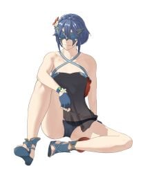 1girls absurdres armpit_crease bare_shoulders bikini blue_bikini blue_hair blue_sandals braid breasts cameltoe closed_mouth collarbone covered_eyes criss-cross_halter female female female_only fire_emblem fire_emblem_awakening fire_emblem_heroes flower gold_trim hair_between_eyes hair_flower hair_ornament halterneck high_heel_sandals highres knee_up legs lucina_(fire_emblem) lucina_(summer)_(fire_emblem) marth_(fire_emblem_awakening) official_alternate_costume official_alternate_hairstyle on_ground orange_flower pomelomelon sandals short_hair simple_background sitting small_breasts smile solo swimsuit toenails toes white_background white_flower