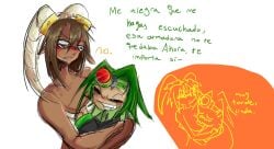 black_sclera blush breastfeeding dr.wasabi dr.wasabi_(drwasabi) genderbent glasses green_hair heterochromia holding horns joke_art lamb lamboss_(dr.wasabi) short spanish_dialogue spanish_text sucking_breasts sucking_nipples tan_body tan_skin tan_skinned_female