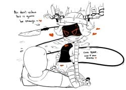 alice_(murder_drones) anon english_text female fork hearts helmet knife male male/female mostly_clothed_male murder_drones no_breasts nude_female only_one_naked orange_eyes riding robot robot_girl robot_on_human screen_face sharp_teeth sweating tagme tail text vaginal wig