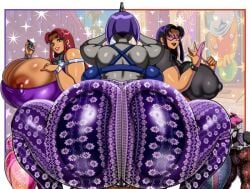 3girls alternate_breast_size ass ass_worship big_ass blackfire bubble_butt dc dc_comics female female_only forbidden_pants head_on_ass huge_ass hyper_breasts jinx_(dc) looking_at_viewer multiple_girls peace_sign raven_(dc) starfire teen_titans vn_simp yuri