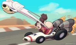 ass atomic_wedgie big_ass brown_hair dragging female female_focus female_only human human_female human_only kart lace-trimmed_panties light-skinned_female light_skin mario_(series) mario_kart mario_kart_world nintendo pain pained_expression panties pauline pauline_(aero) pulling_panties racing red_lipstick ripped_bodysuit solo solo_female spiny_shell stretchy_fabric wedgie white_panties