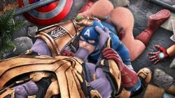 big_cock big_dick big_penis blowjob captain_america censored censored_penis clothed clothed_sex domredsins fellatio gay looking_at_another marvel mask masked masked_male muscular muscular_male oral oral_sex purple_skin thanos thong