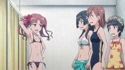 00s 2009 4girls animated bikini bow brown_eyes brown_hair dancing female flat_chest hair_ribbon hairbow hypnotic micro_bikini misaka_mikoto multiple_girls official_art official_copyright privacy_screen ribbon saten_ruiko screenshot shirai_kuroko side-tie_bikini skinny swimsuit teenage_girl teenager to_aru_kagaku_no_railgun to_aru_majutsu_no_index twintails uiharu_kazari young