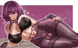 1futa 2025 bed blush breasts bulge cleavage eyebrows_visible_through_hair floral_print futanari gloves honkai:_star_rail honkai_(series) hoyoverse kafka_(honkai:_star_rail) lace lace-trimmed_bra lace_trim large_breasts lingerie long_hair looking_at_viewer mashiaka mihoyo navel penis purple_background purple_hair solo testicles thighhighs thighs underwear very_high_resolution