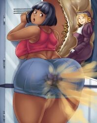 2d 2d_(artwork) 2d_artwork 2girls accident ass big_ass big_butt black_hair blonde_hair brap breasts brown_eyes brown_skin brown_skinned_female closed_eyes commission dark-skinned_female dark_skin disgusted embarrassed fart fart_cloud fart_fetish farting_in_face farting_on_another fat_ass female giantess hot_pants humiliation jean_shorts larger_female looking_back macro micro milgreff_(bbdb) oc original_character pooping ripping_ass scat shart shorts sideboob smaller_female soiling soiling_clothing soiling_panties soiling_underwear stained_panties ujitoa_(bbdb) white_panties