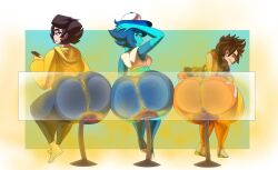 3girls against_glass big_ass big_breasts blue_hair blue_skin brown_hair cap cartoon_network emma_(weirdisfun) fart farting female giantess jeans lapis_lazuli_(bob) lapis_lazuli_(steven_universe) macro micro mrwastemaster overwatch phone steven_universe tracer weirdisfun