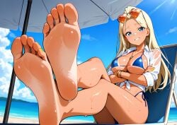 ai ai_generated bare_legs barefoot beach beach_umbrella bikini blonde_hair blue_bikini blue_eyes blue_sky blush bracelet breasts centi_(nikke) centi_(ocean_repair)_(nikke) cleavage cloud crossed_arms crossed_legs dark-skinned_female dark_skin day earrings eyewear_on_head feet female foot_focus foreshortening goddess_of_victory:_nikke grin gyaru heart heart-shaped_eyewear hoop_earrings jewelry kogal large_breasts legs long_hair looking_at_viewer nail_polish navel necklace nikkechun ocean open_clothes open_shirt outdoors shirt side-tie_bikini_bottom sitting sky smile soles solo sunglasses swimsuit tan tinted_eyewear toenail_polish toenails toes umbrella wet wet_clothes white_shirt yellow_nails