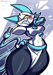 1girls 2d 2d_(artwork) 2d_artwork ass blush blush breasts clothing deltarune deltarune_chapter_2 diddlydooter1 female female_focus female_only fully_clothed hand_on_hip looking_back medium_breasts pose tasque_manager_(deltarune) thick_thighs undertale_(series)
