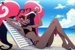 1girls 2025 5_fingers ai_generated beach bikini black_bikini black_hair blue_sky breasts claws curvy curvy_female dark-skinned_female dark_skin day demon demon_girl demon_humanoid ear_ring eyelashes eyeshadow feet female female_focus female_only finger_claws hazbin_hotel hi_res holding_sunglasses humanoid long_hair looking_at_viewer lounge_chair makerdeviant multicolored_hair open_smile outside red_eyeshadow red_hair red_sclera sea seaside side-tie_bikini skimpy skimpy_bikini solo solo_focus sunglases swimsuit toes twintails twintails_(hairstyle) underboob velvette vivienne_medrano watermark white_eyes white_hair