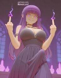 1futa 2025 \\\\m/ ai_generated artist_name bangs big_breasts big_chest blunt_bangs blurry breasts bulge bust busty chest cleavage cock condom dick erection erection_under_clothes fern_(sousou_no_frieren) futanari halterneck hi_res high_quality high_resolution highres holding_condom index_finger_raised large_breasts long_hair looking_at_viewer middle_finger newhalf novalust patreon patreon_username penis pointing purple_eyes purple_hair purple_nails smile solo sousou_no_frieren stable_diffusion testicles used_condom watermark