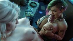 1futa 1girls 3d artist_request big_breasts big_penis cd_projekt_red ciri commentary_request cum cumshot cyberpunk_2077 fellatio female futa_on_female futanari judy_alvarez oral the_witcher_(series) the_witcher_3:_wild_hunt